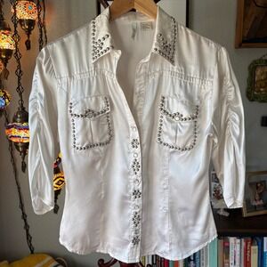 Y2K Studded Western Snap Shirt White Satin Rodeo Glam Top - Medium